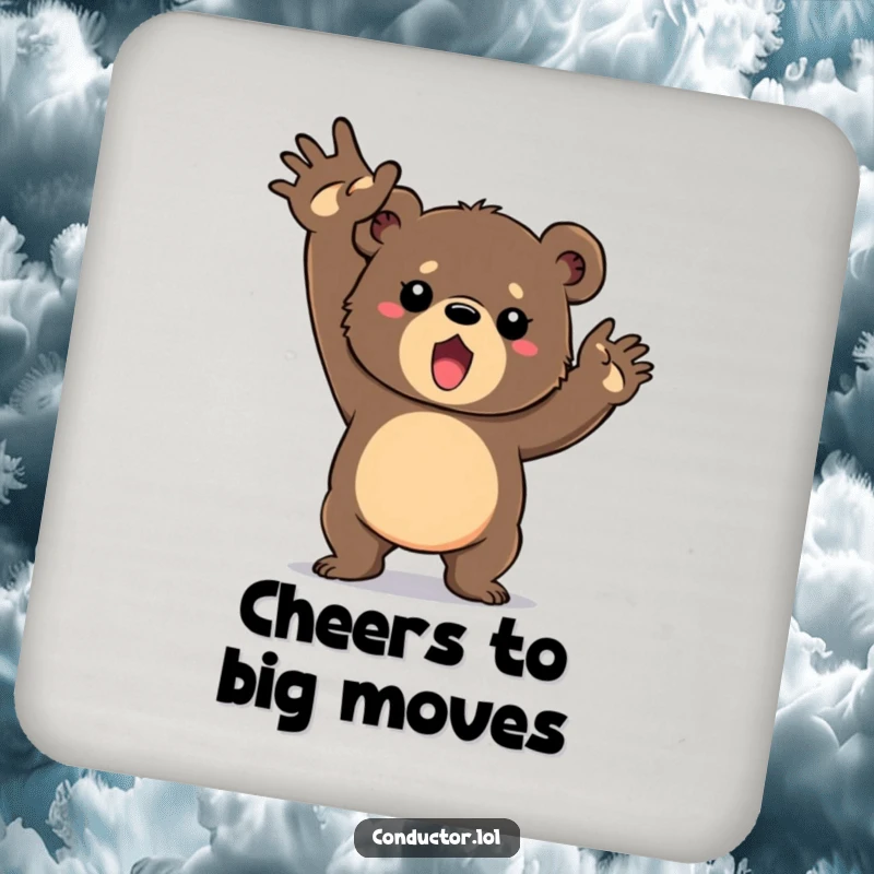 Funny coaster depicting a determined bear cub vigorously swinging its arms in a grand gesture, providing stylish and motivational table protection.