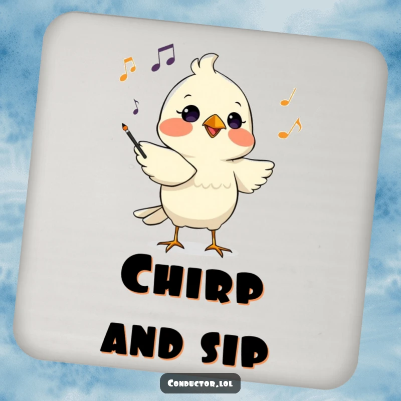 Funny coaster featuring a determined bird conductor chirping musical cues with focused intensity, a practical and stylish protector.