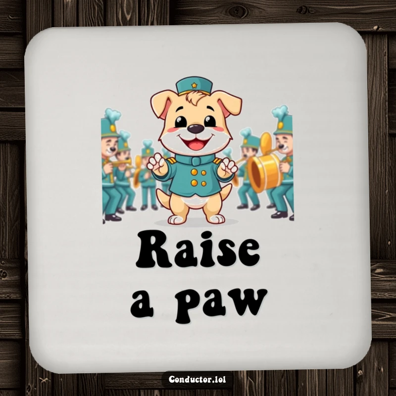 Funny drink coaster featuring a smiling dog proudly directing a marching band, adding musical charm and protection.