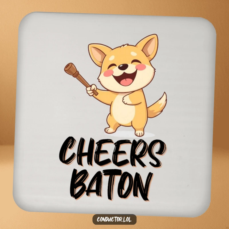 Funny dog coaster featuring a delighted dog enthusiastically swinging a baton with a wide, joyful grin.