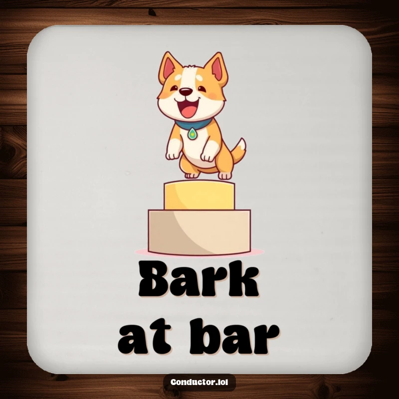Funny coaster with a determined dog leaping onto a podium with a proud bark, adding a touch of victory humor.
