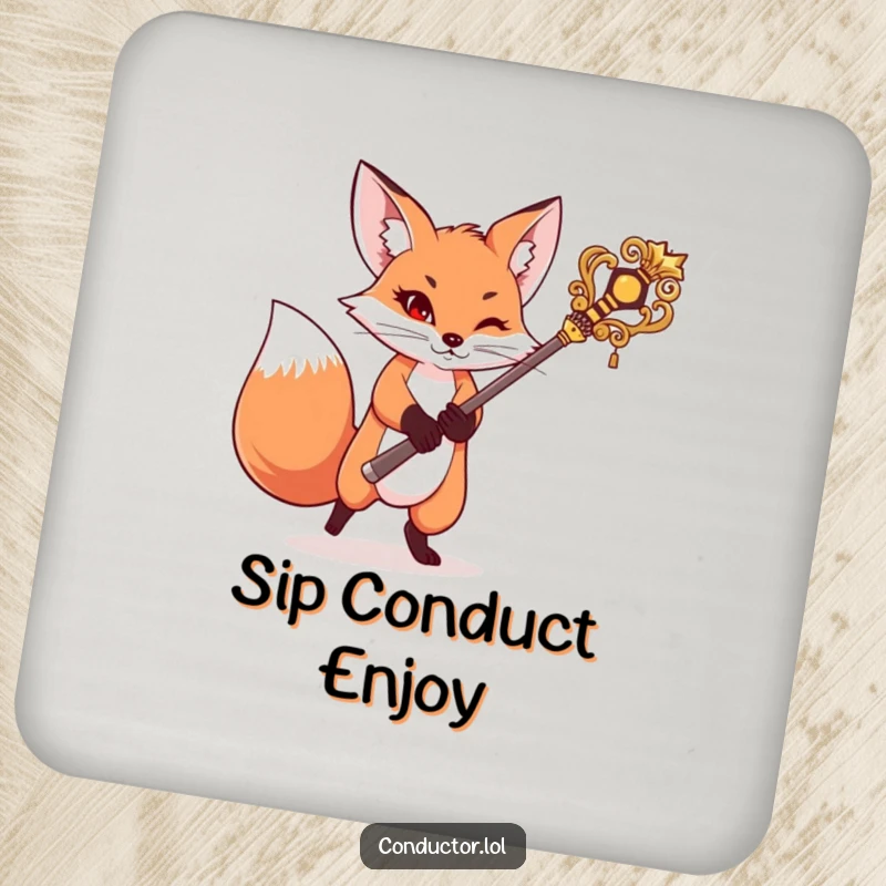 Funny drink coaster featuring a mischievous fox swinging a baton, adding a touch of playful direction and protecting surfaces.