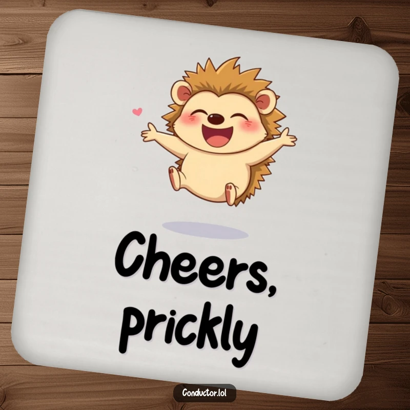 Funny drink coaster featuring a giggling hedgehog leaping joyfully while directing, protecting surfaces with cheerful humor.