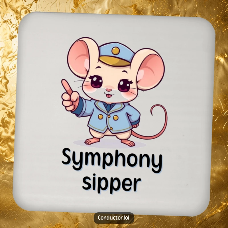 Funny mouse coaster featuring a determined mouse in a tiny uniform pointing with excitement to a musical crescendo.