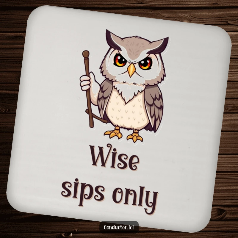 Funny owl leader coaster, protecting furniture with a dignified owl directing. A cute, funny gift.