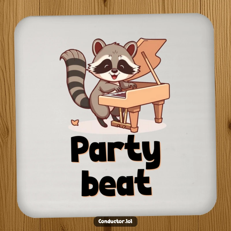 Funny Coaster: Happy raccoon energetically playing piano keys with its tail, safeguarding surfaces with musical charm.