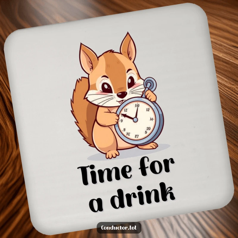 Funny Coaster: A determined cartoon squirrel meticulously adjusting a metronome, adding a humorous touch of rhythmic protection.