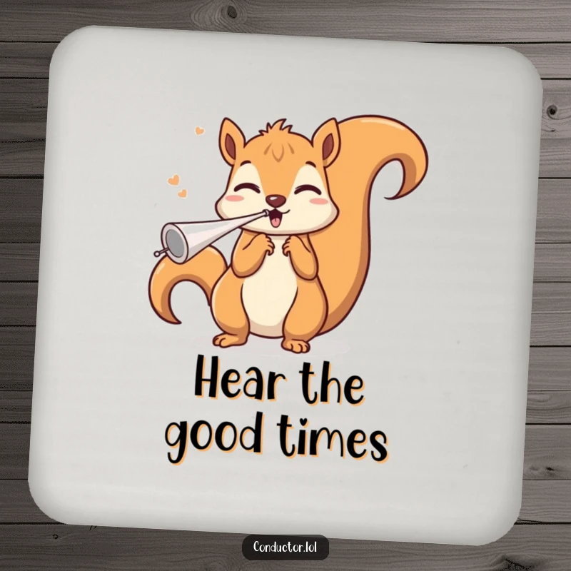 Funny squirrel conductor coaster set, blowing an invisible whistle with a triumphant flourish, protecting furniture with musical charm and humorous design.