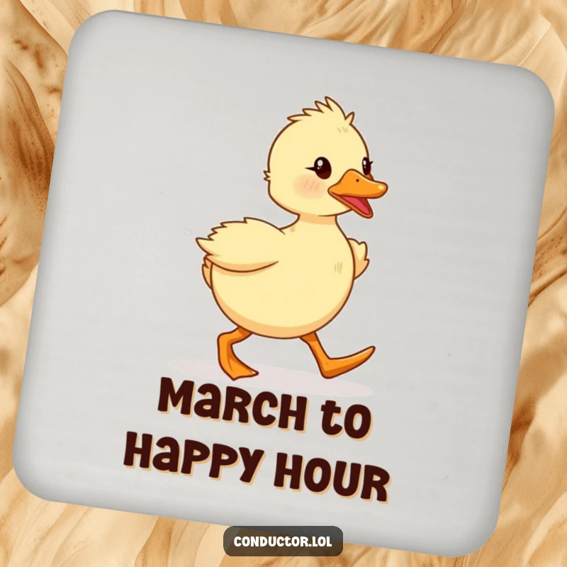 Funny duckling marching with spirited enthusiasm on a set of drink coasters. Ideal for protecting furniture.