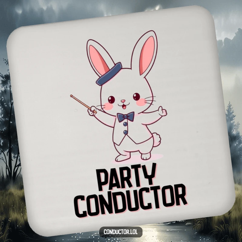 Funny cute bunny conductor with a top hat, enthusiastically waving a baton, on protective drink coasters.