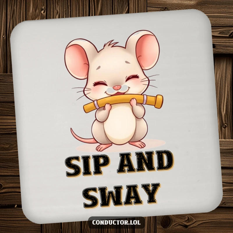 Funny Flute Mouse Drink Coaster: Tiny smiling mouse plays flute, a cute and protective table accessory.