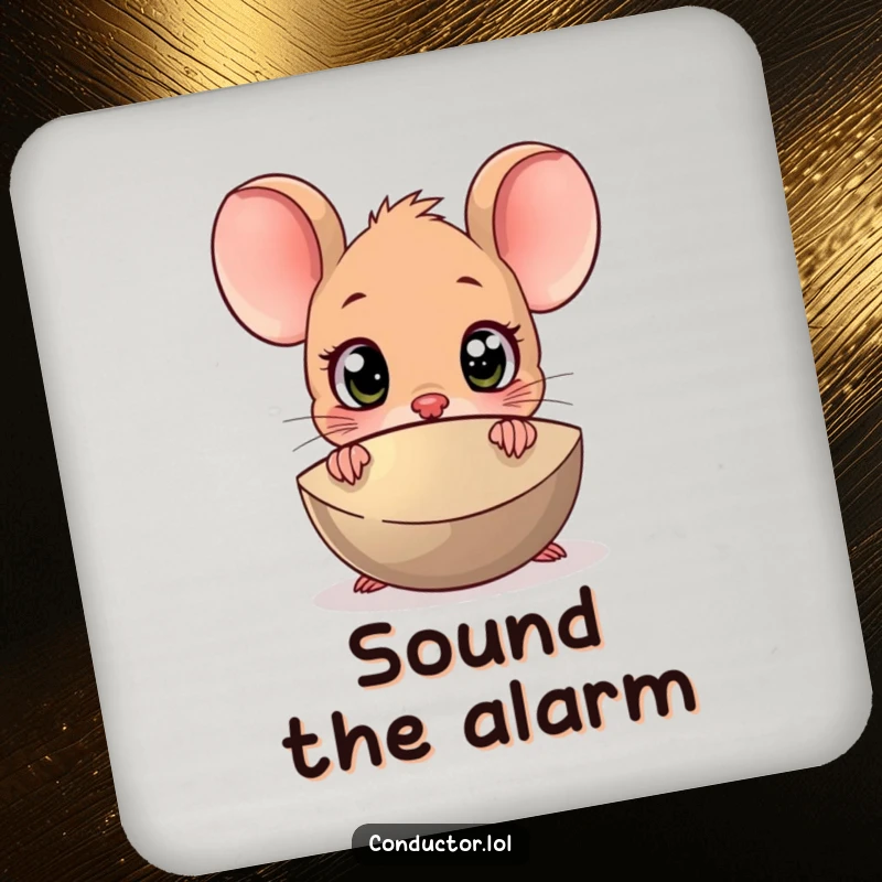 Funny Surprised Mouse Cymbal Coaster: A wide-eyed cartoon mouse peeking from behind a large cymbal.