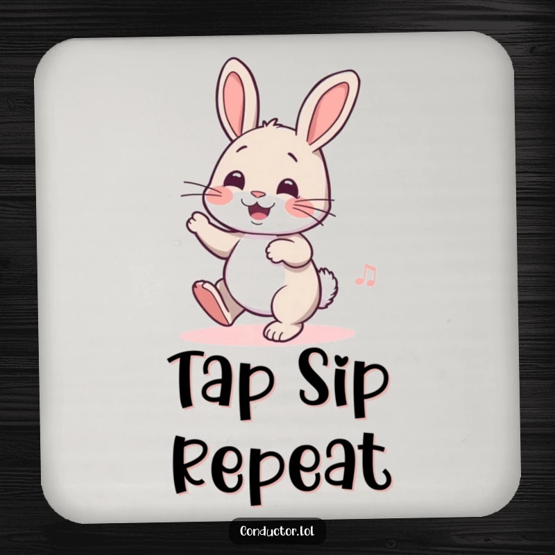 Funny drink coaster featuring a cheerful rabbit tapping its foot, adding a rhythmic touch to tables and protecting surfaces.