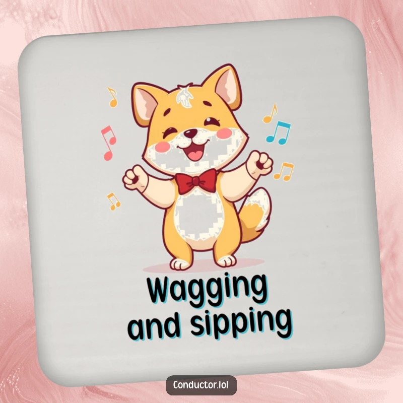 Funny coasters featuring a happy dog conductor, tail wagging in time, ears perked, adding musical humor to drink service.