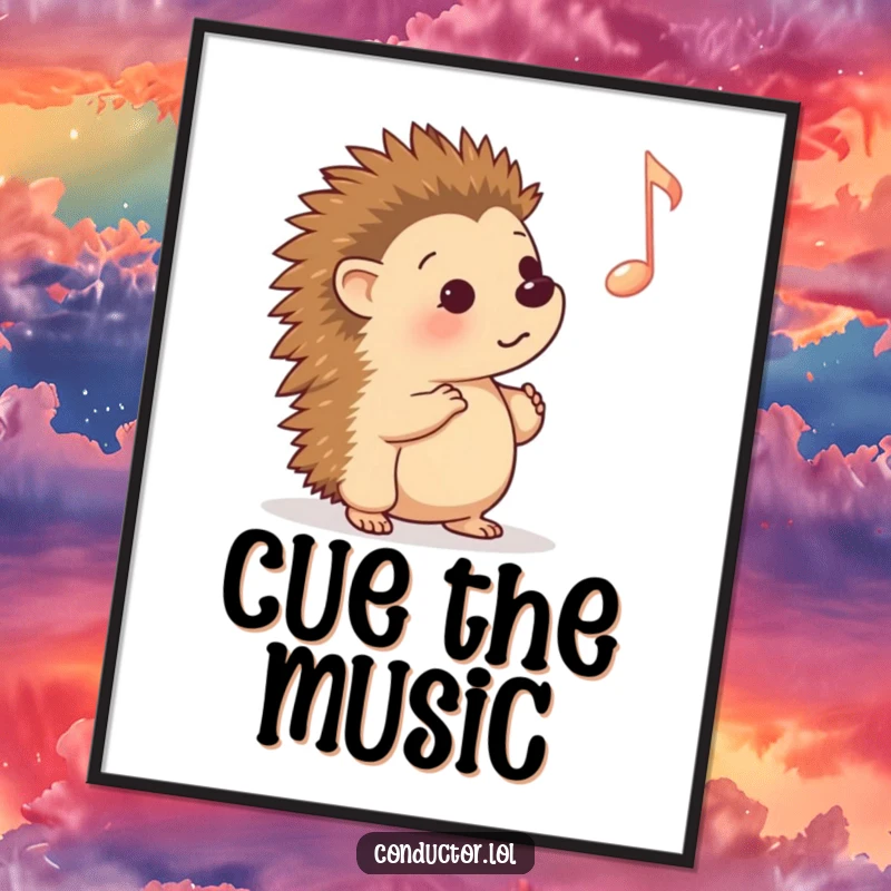 Funny Poster: A curious cartoon hedgehog intently listening to a single, prominent musical cue, creating a whimsical and artistic statement.