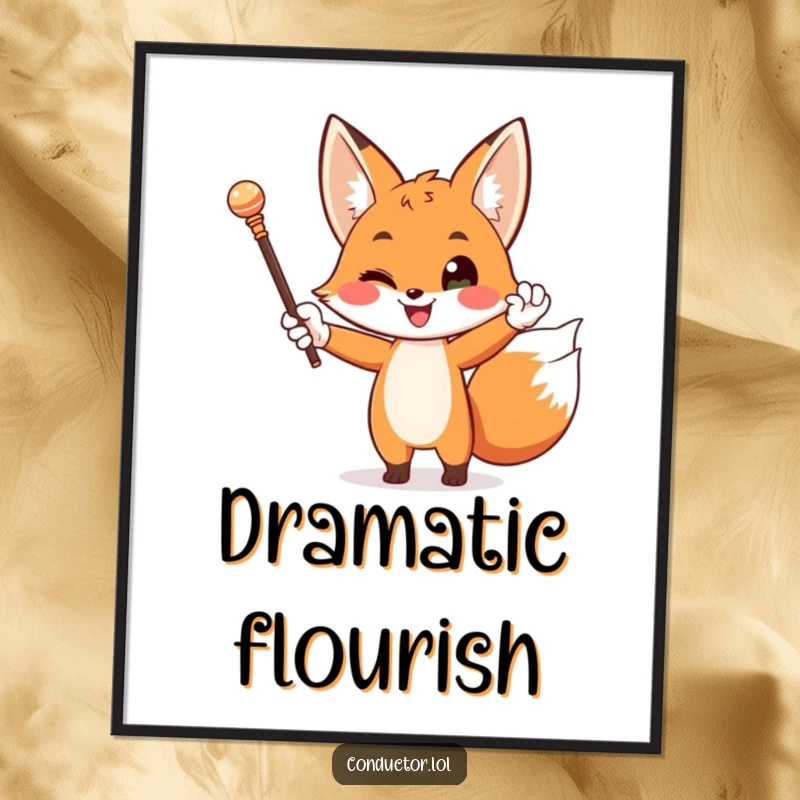 Funny poster of a happy fox wearing white gloves, dramatically conducting with a baton, exuding refined artistic energy.