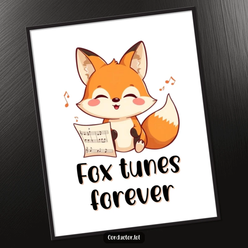 Funny cheerful cartoon fox intensely looking at an unseen musical score with a joyful expression on a poster, capturing musical concentration.