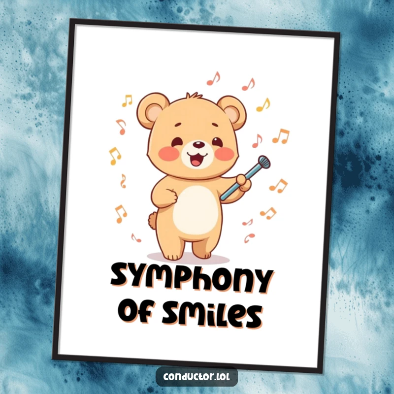 Funny happy cartoon bear cub energetically waving a tiny baton amidst musical notes on a poster, dynamic musical art.