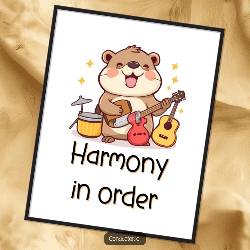 Funny beaming beaver cheerfully organizing musical instruments with enthusiasm, art print.