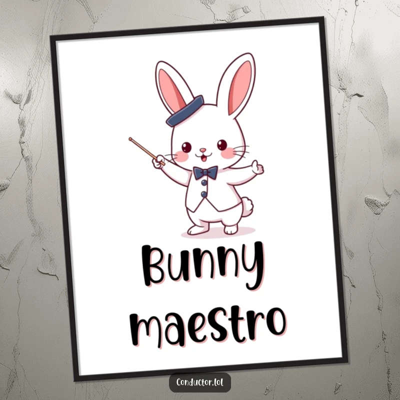 Funny cute bunny conductor wearing a small top hat, enthusiastically waving a baton, depicted on a vibrant art poster.