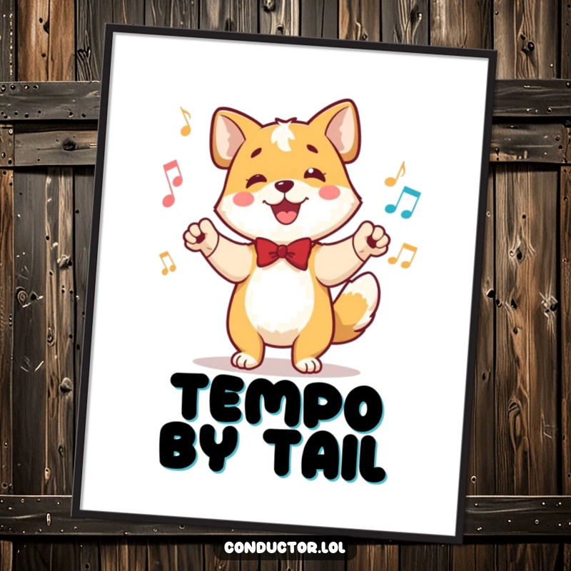 Funny poster of a happy dog conductor, tail wagging in perfect time, ears perked, leading the orchestra with joyful control.