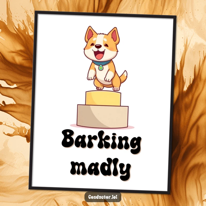 Funny poster of a determined dog energetically leaping onto a podium with a proud, triumphant bark, symbolizing victory.
