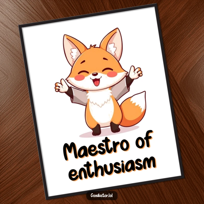 Funny poster art of a happy fox enthusiastically waving its arms like a maestro, embodying pure joy and conducting spirit.