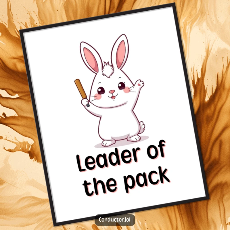 Funny poster art of a playful rabbit with a stern but kind expression, raising its baton with focused intensity.