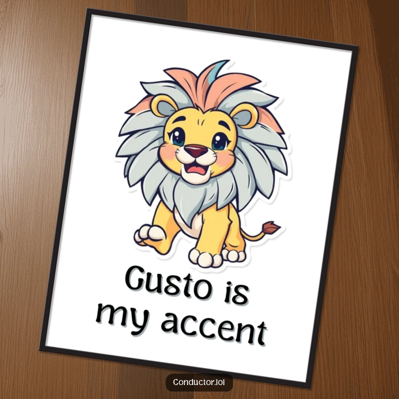 Funny bold lion with a magnificent mane, leading with gusto, displayed as empowering wall art.