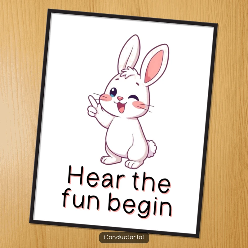Funny bunny conductor poster, energetically beaming while pointing to a musical crescendo, a humorous art piece for music lovers.