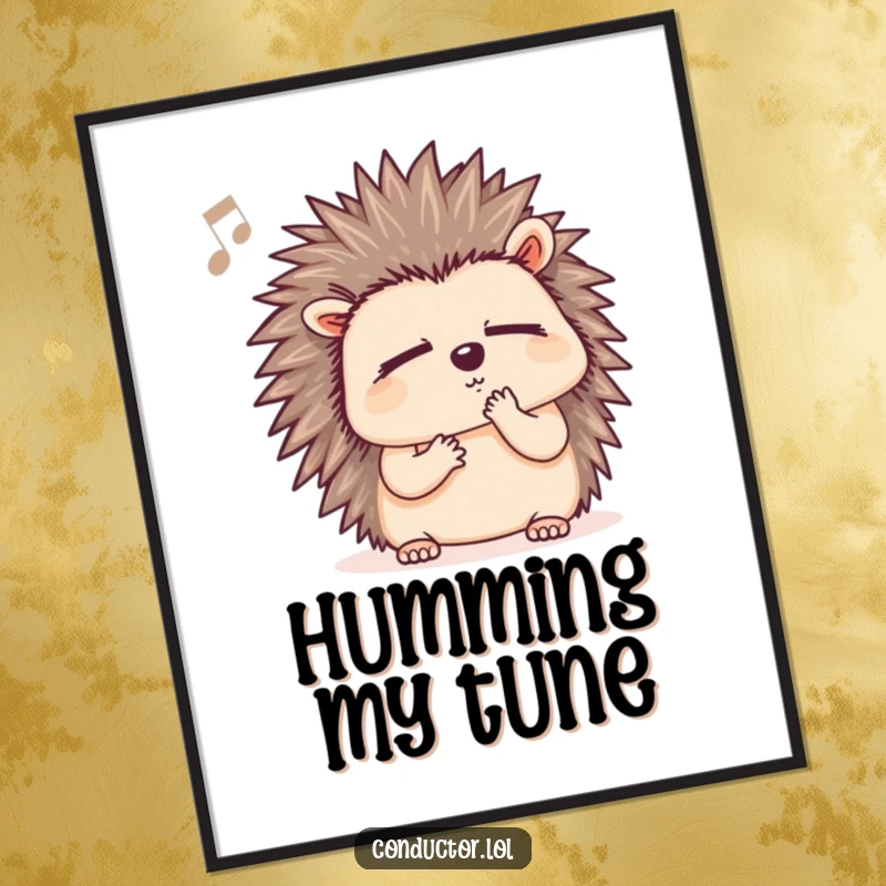 Funny hedgehog poster, depicting a determined hedgehog listening intently to music with closed eyes and a thoughtful hum.