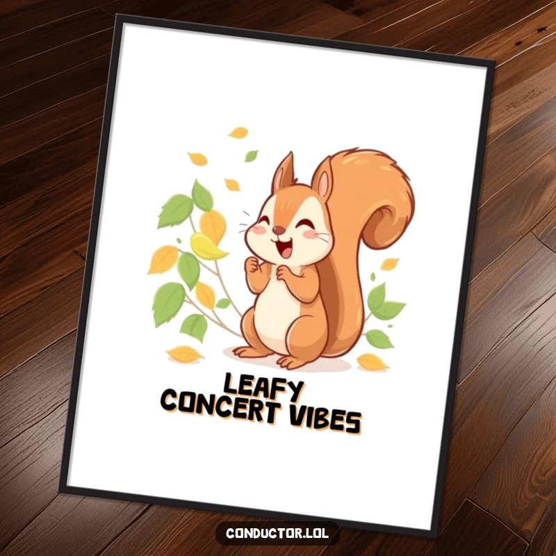 Funny cheerful squirrel energetically conducting a symphony of rustling leaves, as wall art.
