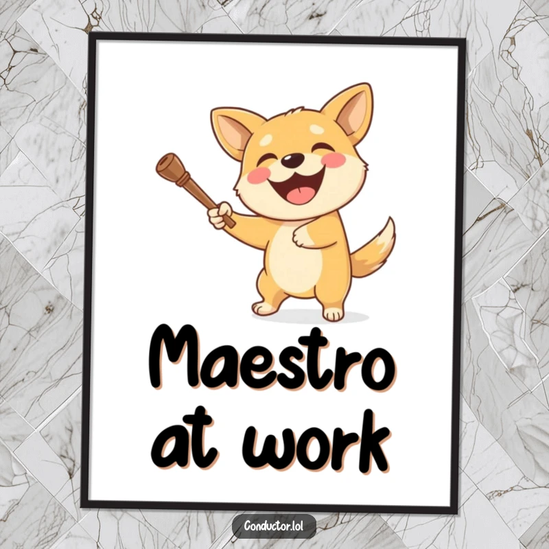 Funny dog poster of a delighted dog energetically swinging a baton with an ecstatic, wide grin displayed.