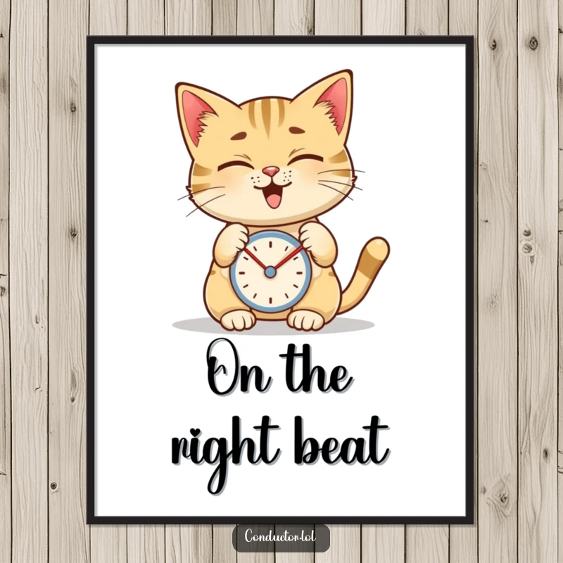 Funny poster of a giggling cat tapping a metronome with a highly focused expression, a witty musical piece.