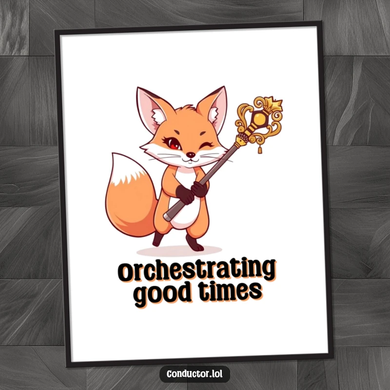 Funny poster of a mischievous fox swinging a grand baton, exuding playful control and artistic flair, a humorous wall piece.