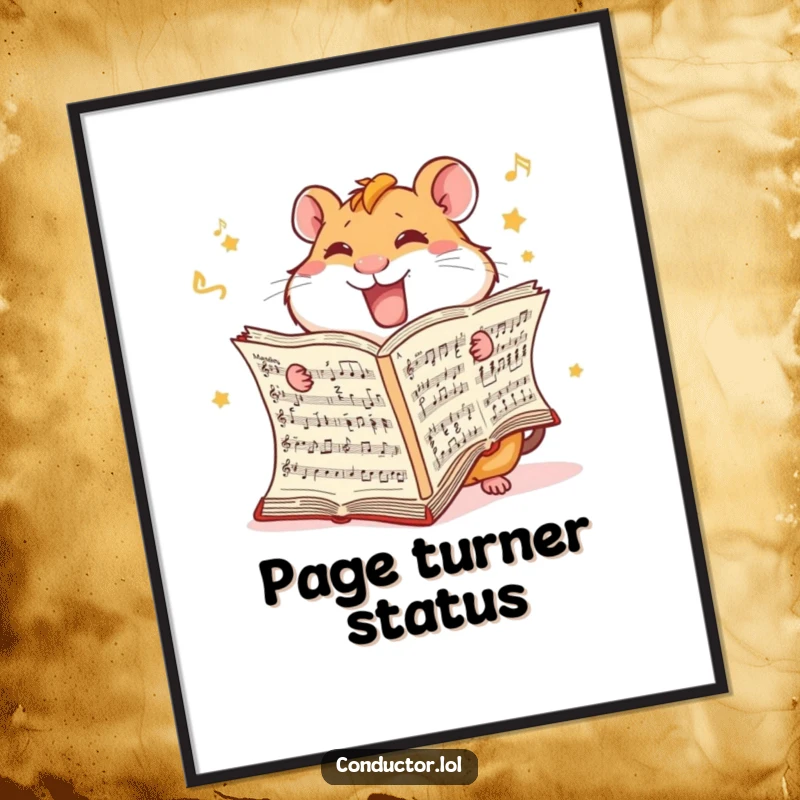Funny Hamster Score Poster: A giggling hamster furiously turns pages of an oversized music score.