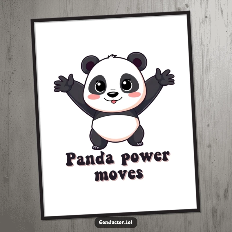 Funny Panda Performer Poster: A focused cartoon panda in a dramatic, sweeping arm gesture, capturing theatrical energy.