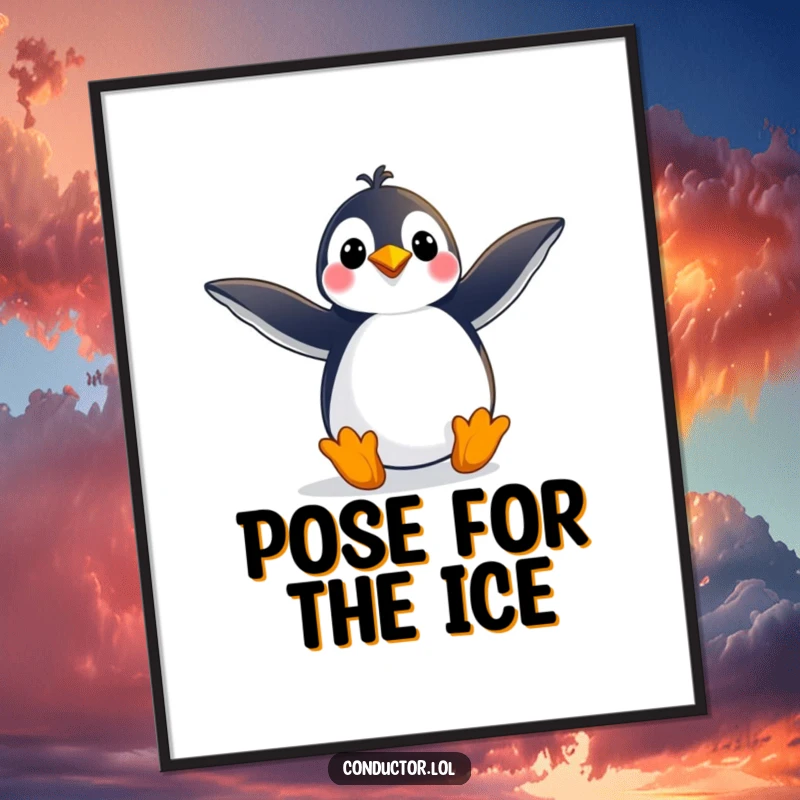 Funny poster art of a playful penguin striking a grand pose with arms outstretched wide, capturing a moment of dramatic expression, a great funny gift.