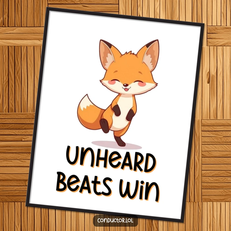 Funny fox tapping its foot to unheard music, full of playful energy, framed as a vibrant wall art poster.