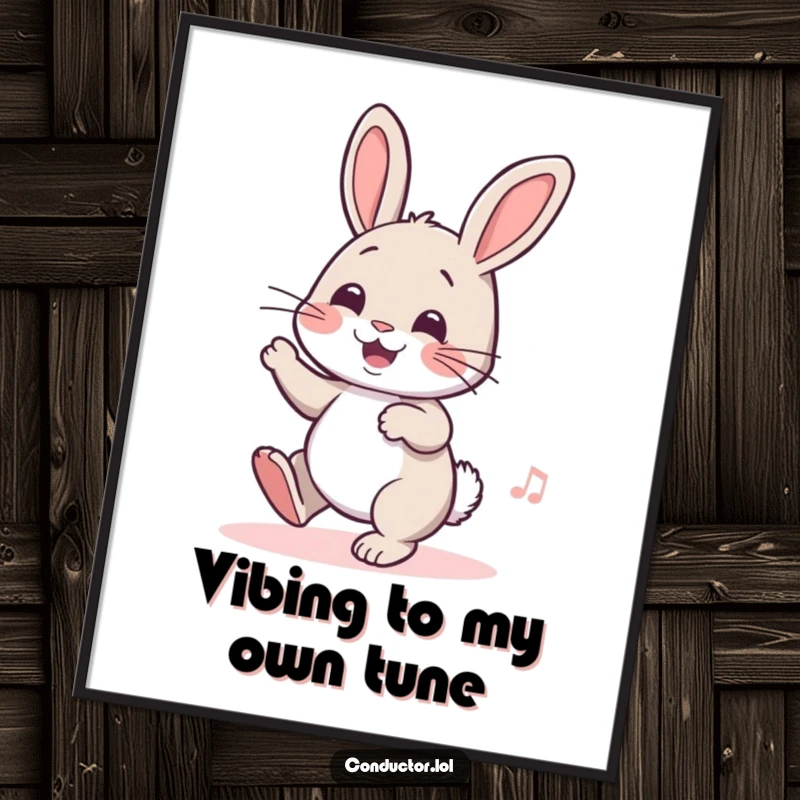 Funny poster of a cheerful rabbit tapping its foot to an unheard rhythm, a dynamic and humorous piece of wall art.