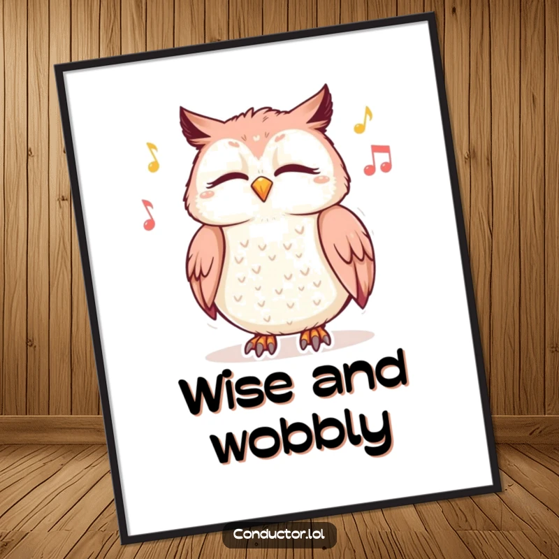 Funny poster art of a giggling owl with closed eyes swaying to imaginary music, symbolizing serene joy and relaxation.