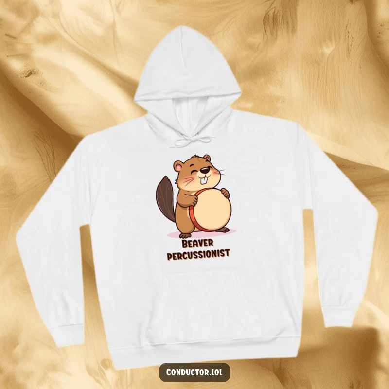 Funny hoodie depicting a busy beaver enthusiastically beating a drum with intense focus and rhythm.