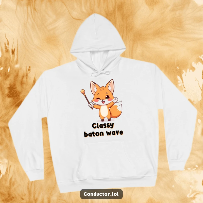 Funny, warm hoodie featuring a happy fox in white gloves, dramatically waving a baton like a sophisticated orchestra conductor.