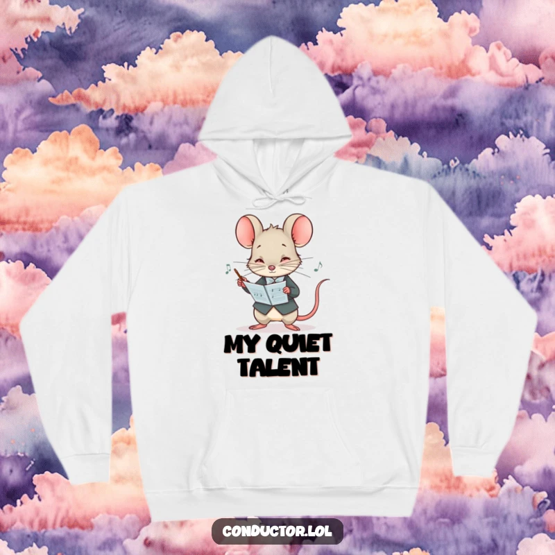 Funny hoodie with a curious mouse conductor peering at a musical score with intense concentration, perfect for study sessions.