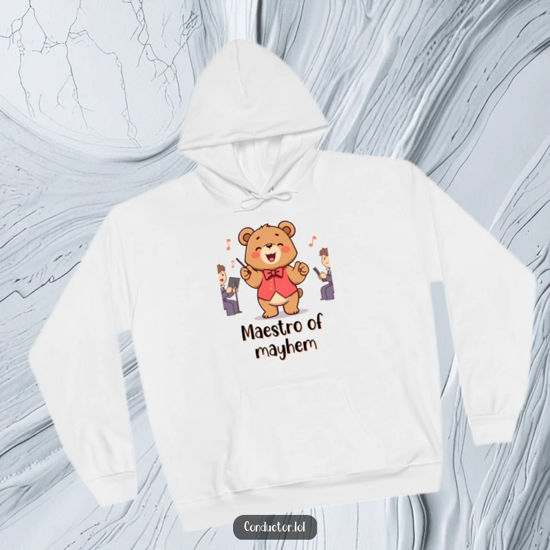 Funny Bear Conductor Hoodie showcasing a smiling bear enthusiastically directing an invisible orchestra, radiating warmth and playful energy.