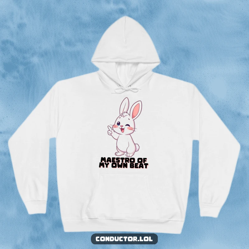 Funny bunny conductor hoodie, enthusiastically leading a musical crescendo, a cozy and humorous wearable for music fans.
