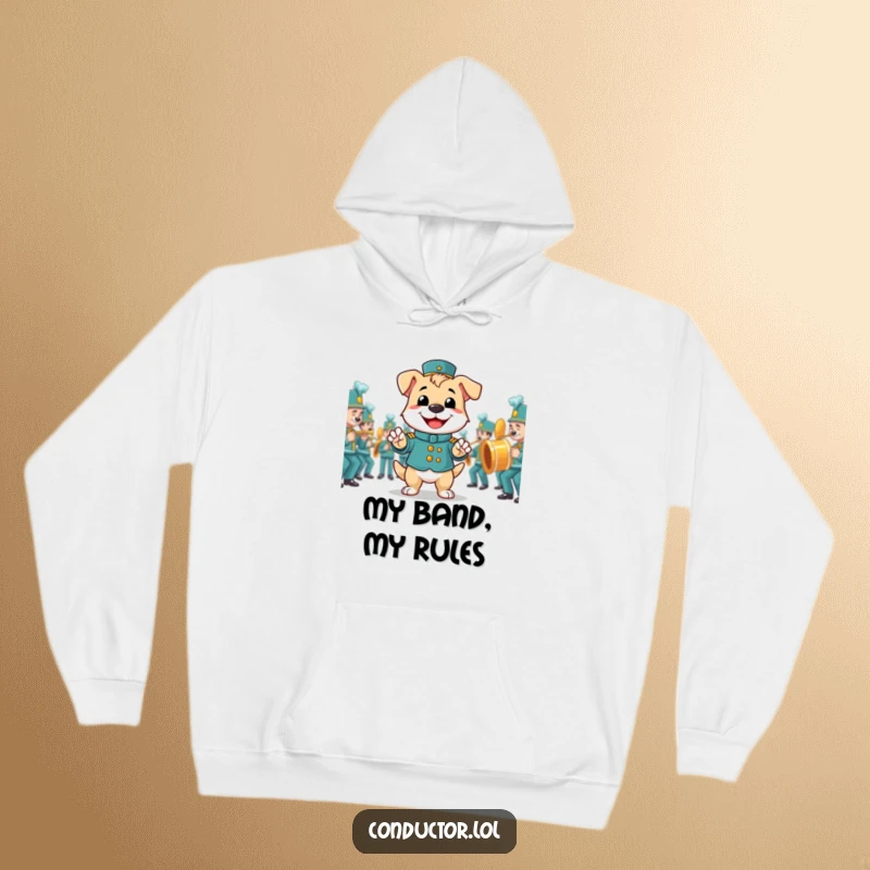Funny hoodie featuring a smiling dog as a proud band director, leading a marching band with enthusiasm.
