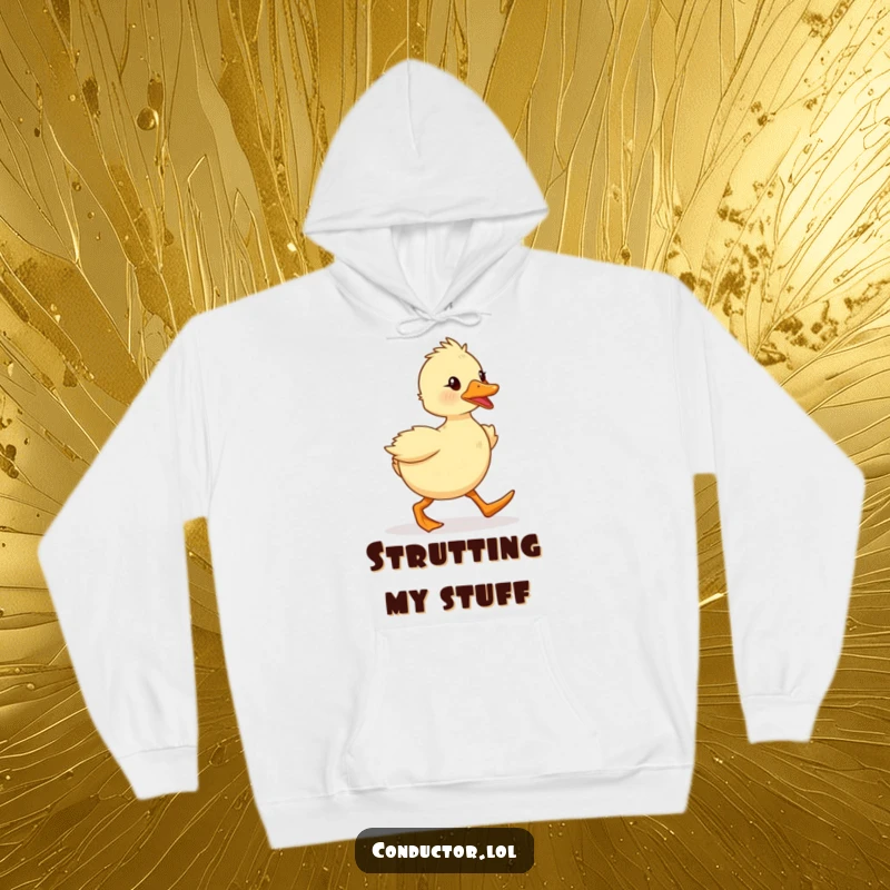 Funny, determined duckling marching with enthusiastic spirit, featured on a warm hoodie. Perfect for motivated individuals.