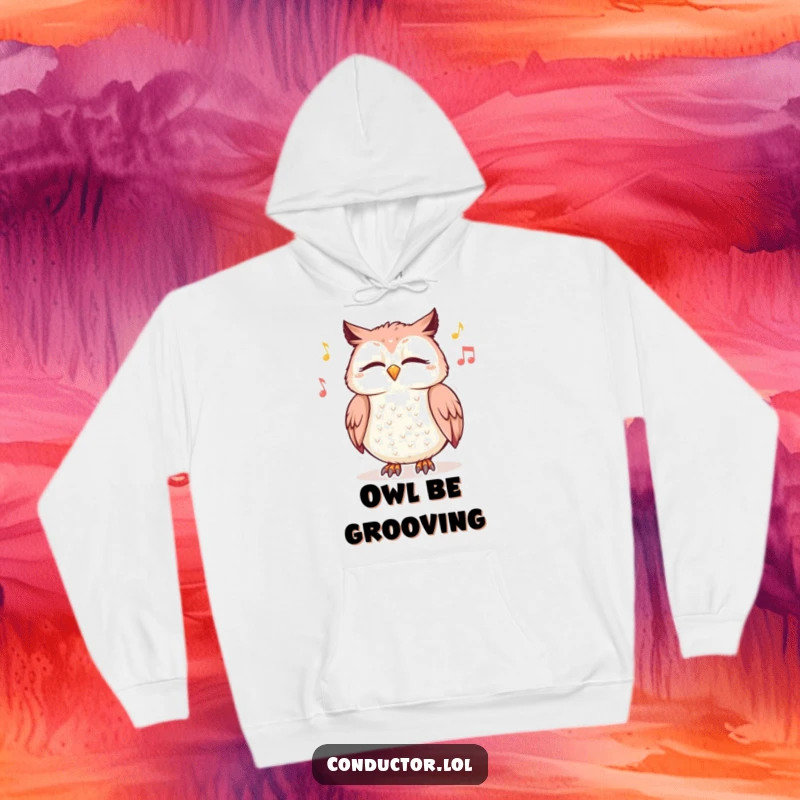 Funny hoodie with a giggling owl swaying with closed eyes to imagined music, embodying ultimate relaxation and joy.