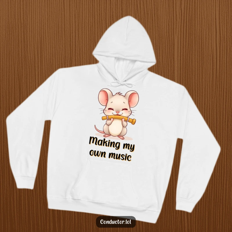 Funny Mouse Flute Hoodie: Tiny character with eyes closed joyfully plays a flute, a cozy humorous gift.